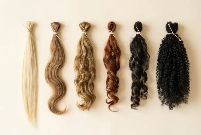 Six hair swatches side by side, from straight blonde to tightly coiled black hair