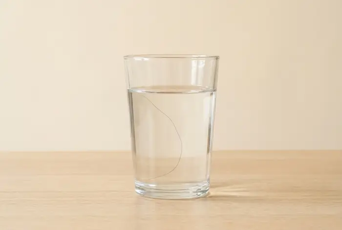 A glass of water with a single hair strand floating in it, the float test for hair porosity