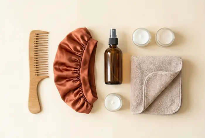 Curly hair care items laid out: a wide-tooth comb, a satin bonnet, a spray bottle, cream jars and a microfiber towel